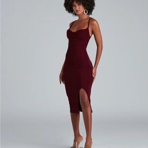 Cowl Neck Burgundy Midi Dress With Slit